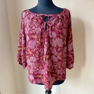 LOFT Blouse Floral Bohemian Peasant Top Red Pink Tassel Tie Keyhole NWT